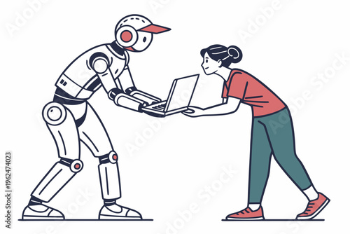 Friendly robot assistant helping woman with laptop in modern workspace