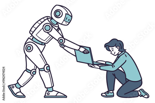 Friendly service robot assisting person with laptop in modern workspace vector illustration