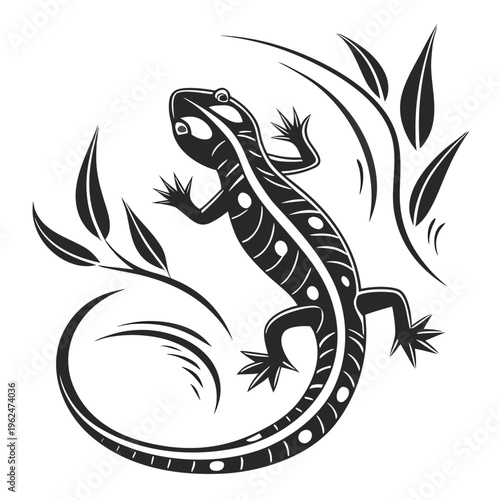 Stylized black salamander illustration coiled in circular motion on white background