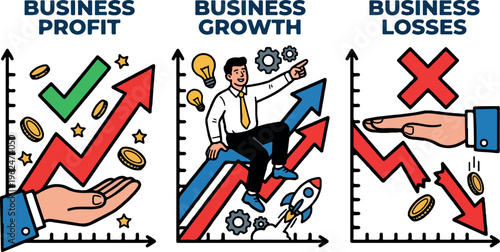 Business profit growth and loss vector illustration set with financial success, upward trends, decline charts, and economic performance comparison concepts