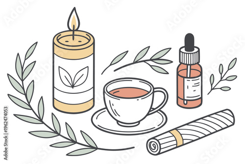 Self-care essentials with herbal tea, candle, and aromatherapy oil flat lay