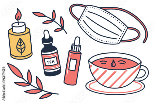 Flat vector illustration of tea relaxation and self-care essentials with candle and herbs