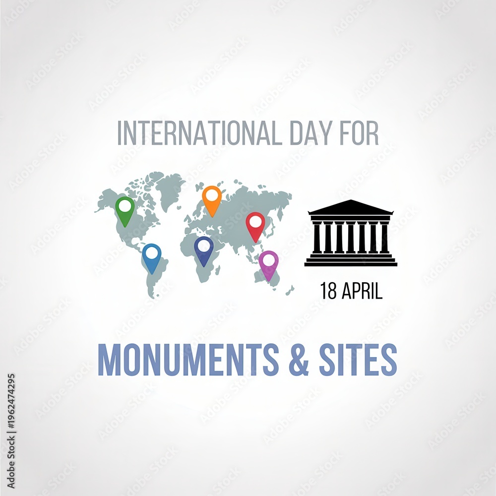 Obraz premium International day for monuments and sites, 18 april, world map with location pins and historical building icon