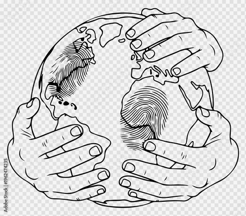 Minimalist line art of hands holding the earth, global environmental protection concept, human impact on planet with fingerprint texture vector