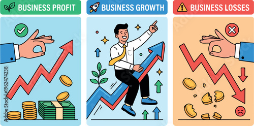 Business profit growth and loss vector illustration set with financial success, upward trends, decline charts, and economic performance comparison concepts