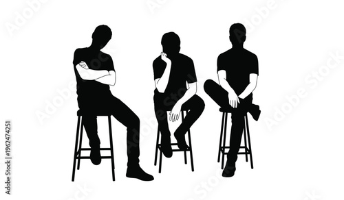 Three silhouetted men sitting on stools in a row looking relaxed and casual