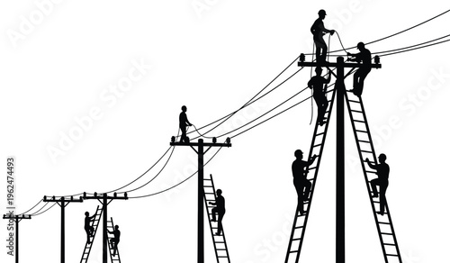 Silhouette of workers on power lines and utility poles at daytime