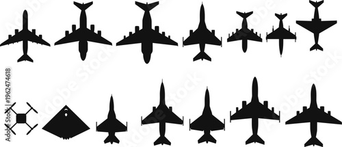 Aircraft silhouette vector illustration showing commercial airliners, military jets, drones, and stealth bombers top-down views aviation design artwork.