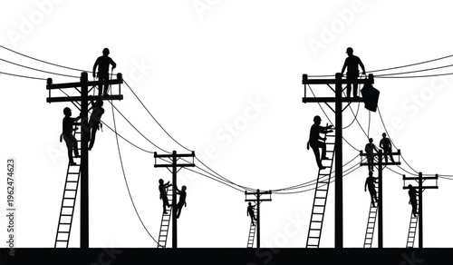 Silhouette of linemen at work on power transmission lines and poles