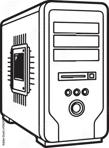 Desktop computer vector icon in black and white representing workstation technology office computing system hardware and digital productivity tools