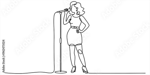 Continuous line drawing of a female singer performing on stage with a microphone stand. Vector, illustration