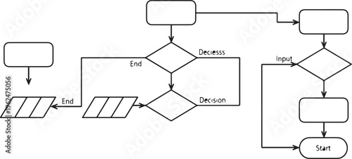 Flowchart diagram vector icon in black and white representing process workflow business analysis system design and logical sequence planning
