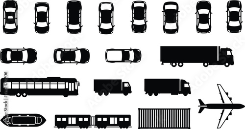 Black silhouette vector illustration showing cars, bus, trucks, airplanes, boat, train, and shipping container for transport design concepts.