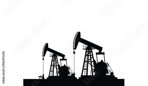 Silhouette of two oil pump jacks in operation against a white background