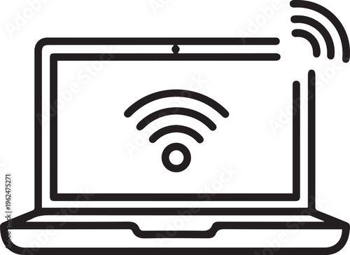 Laptop hotspot wifi vector icon in black and white representing wireless internet sharing connectivity network access and digital communication technology