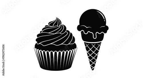Black and white illustration of a cupcake and ice cream cone