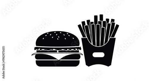 Black and white illustration of a classic burger and french fries