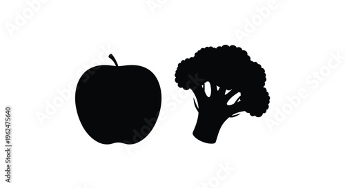 A black silhouette illustration of an apple and a floret of broccoli