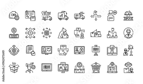 Supply Chain Management Line Icons – Manufacturing Logistics and Global Commerce Symbols