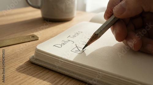 Checking daily tasks list in notebook with pencil productivity planning and goal achievement concept close up