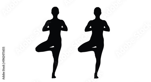 Silhouettes of two people performing the tree pose in yoga