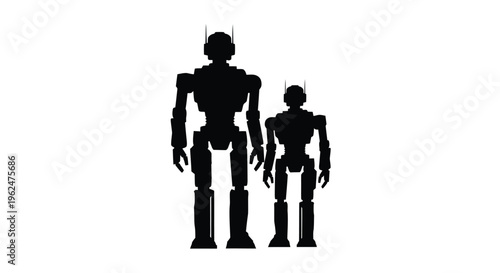 Silhouettes of a large and small humanoid robot standing side by side