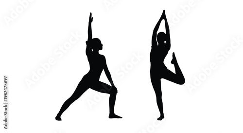 Silhouettes of two women performing yoga poses against a white background