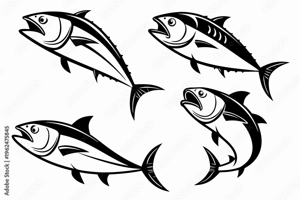 Obraz premium Minimalist black and white yellowtail amberjack fish icons set swimming in circular motion