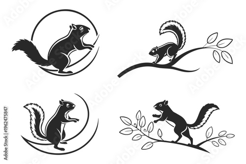 Black and white vector illustration of playful skunks in circular frames and nature scenes