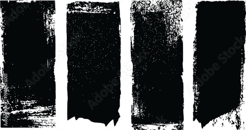 Four black grunge vertical brushes with textured edges and distressed paint strokes