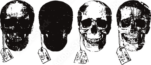 Four distressed human skull illustrations with tags vintage anatomical print collection