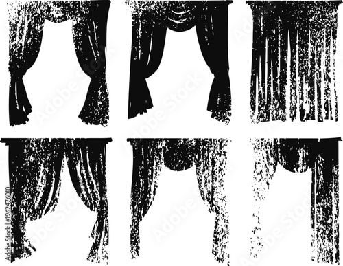 Set of six vintage black curtains silhouettes, grunge texture window drapes design elements