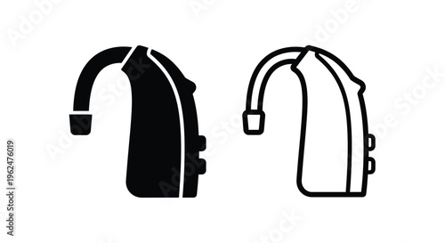 Two hearing aids depicted in black silhouette and white outline