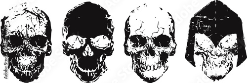 four black and white skull illustrations with distinct designs and shading styles
