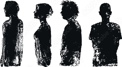 Grunge silhouettes of four people in profile and frontal view distressed textured human figures in black and white