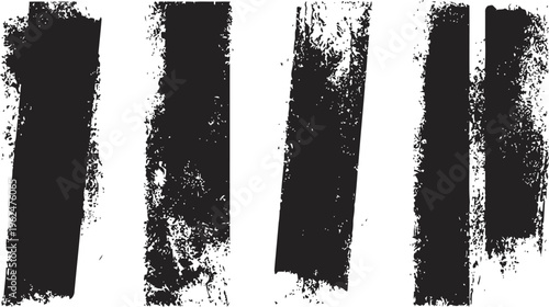 Grunge black brush stroke set with distressed textured edges and rough paint marks on white background