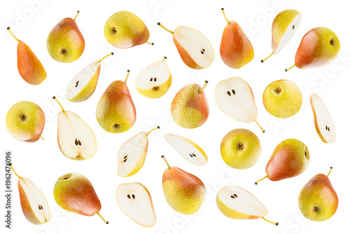 Group of bright fresh yellow bartlett pears with speckled red side, pattern, isolated. Whole, slices, different sides, studio shot. Perfect for design healthy eating menu, organic cooking, diet food.