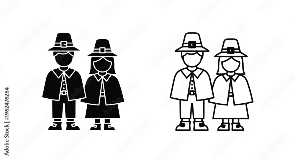 Εκτύπωση καμβά Pilgrim couple icons in black and white mirrored presentation style
