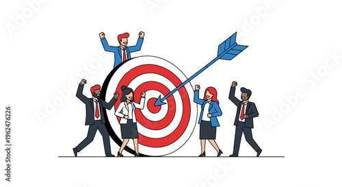 Business team celebrating target achievement flat vector illustration success goal and teamwork concept