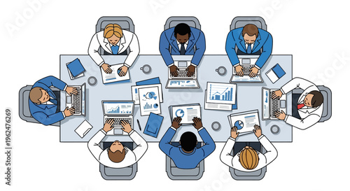 Business team meeting at conference table top view flat vector illustration office collaboration and data analysis concept