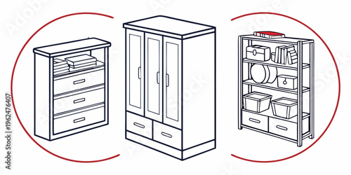 A variety of furniture pieces including a dresser, wardrobe, and refrigerator.