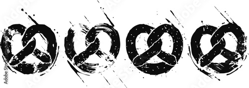grunge black pretzel icons set with rough textured brush strokes on white background