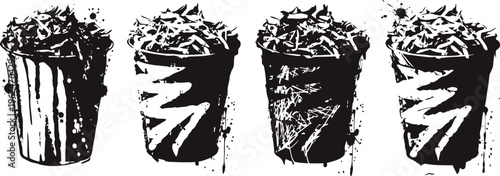 black and white stylized popcorn buckets with decorative patterns arranged in a row