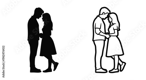 Silhouettes of a couple embracing shown in two different forms