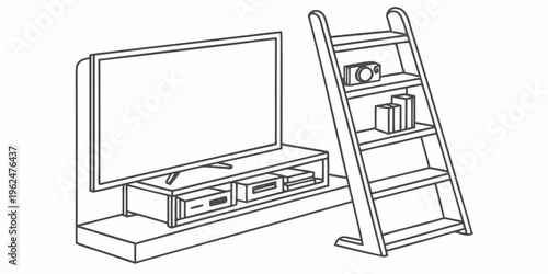 A wooden ladder shelf with a television on top and drawers below
