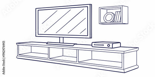 Modern entertainment center with a large flat screen television and storage space