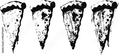Four black and white pizza slices in a row with melted cheese and pepperoni detail