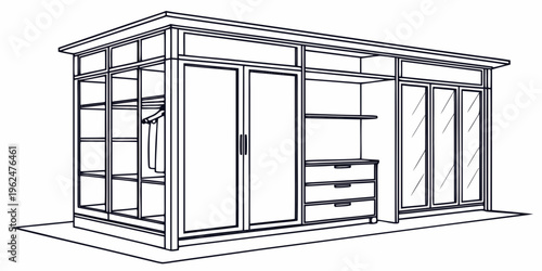 A detailed sketch of a wooden shed with open doors revealing storage shelves inside.