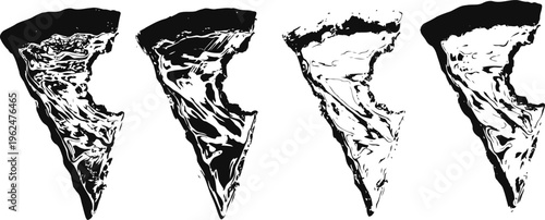 four black and white pizza slice silhouettes in a row with varying levels of detail