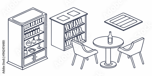 A well-organized study area featuring bookshelves, a desk, and a table with chairs